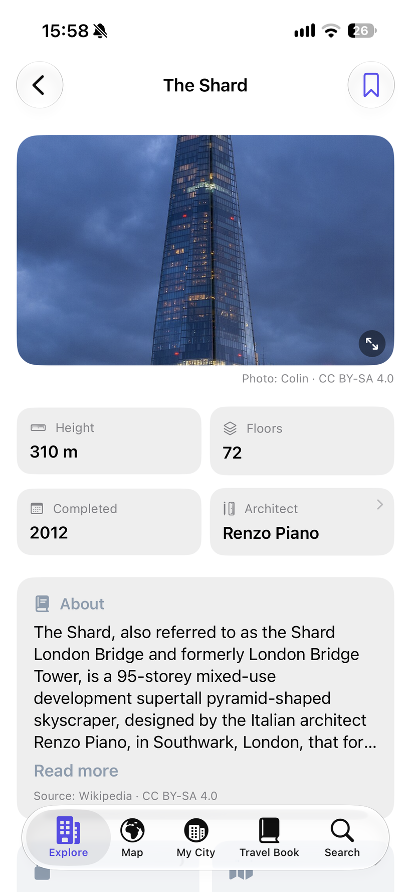 The Shard's building card, with photo, facts and Wikipedia extract