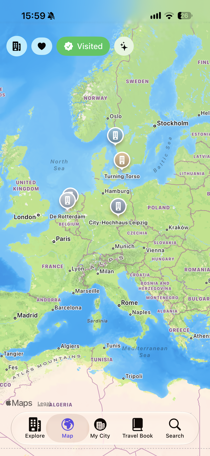 The world map filtered to visited skyscrapers
