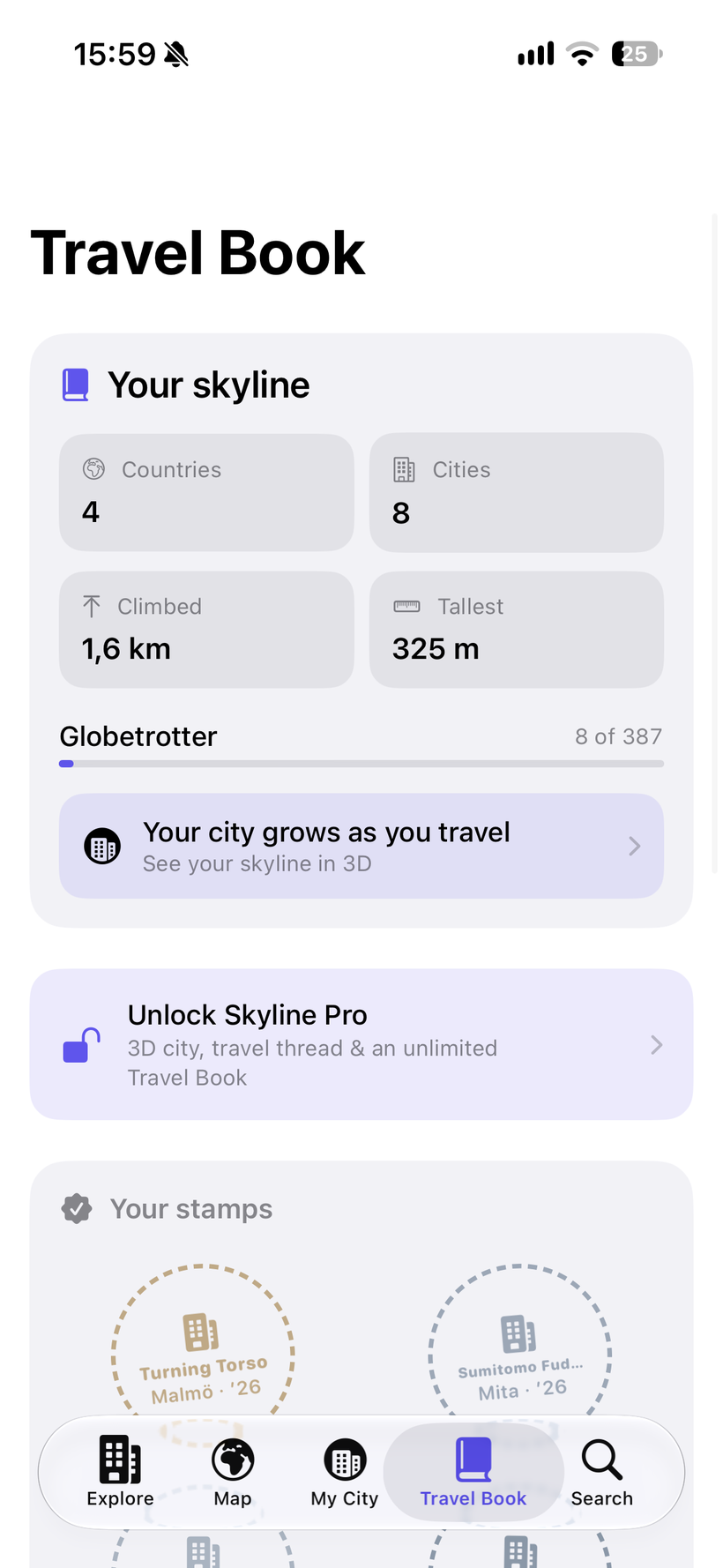 The Travel Book with countries, cities, metres climbed and visit stamps