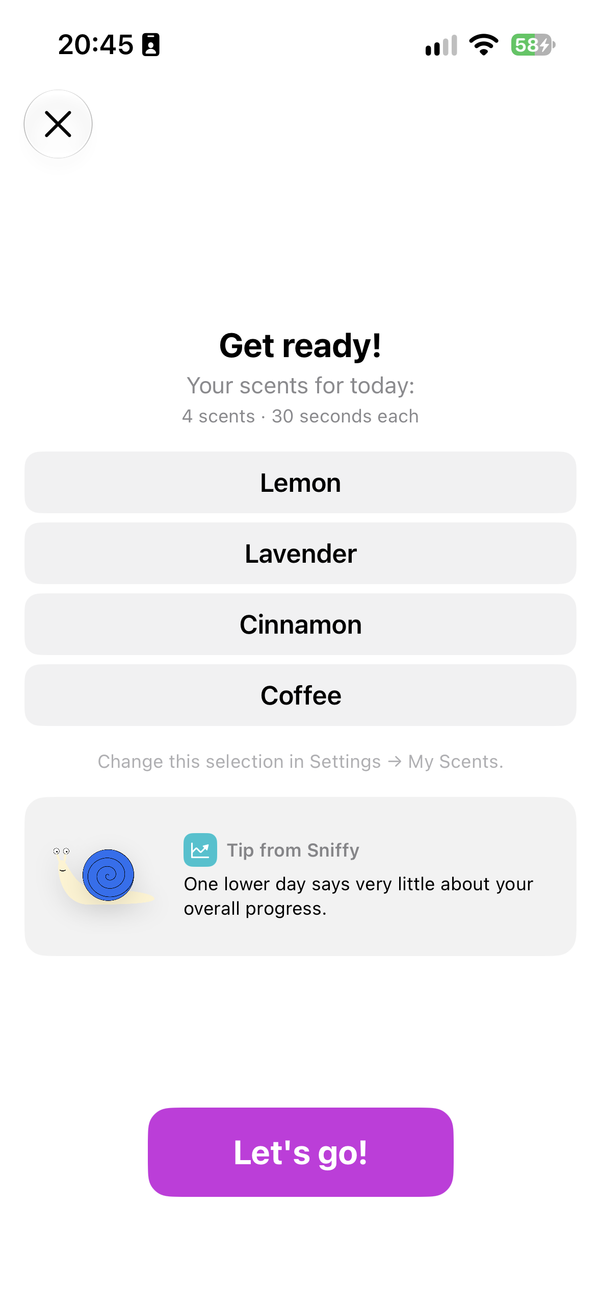 Training preparation with four selected scents